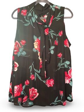 torrid Black Sleeveless Tie-Neck Blouse with Red Rose & Green Leaf Print